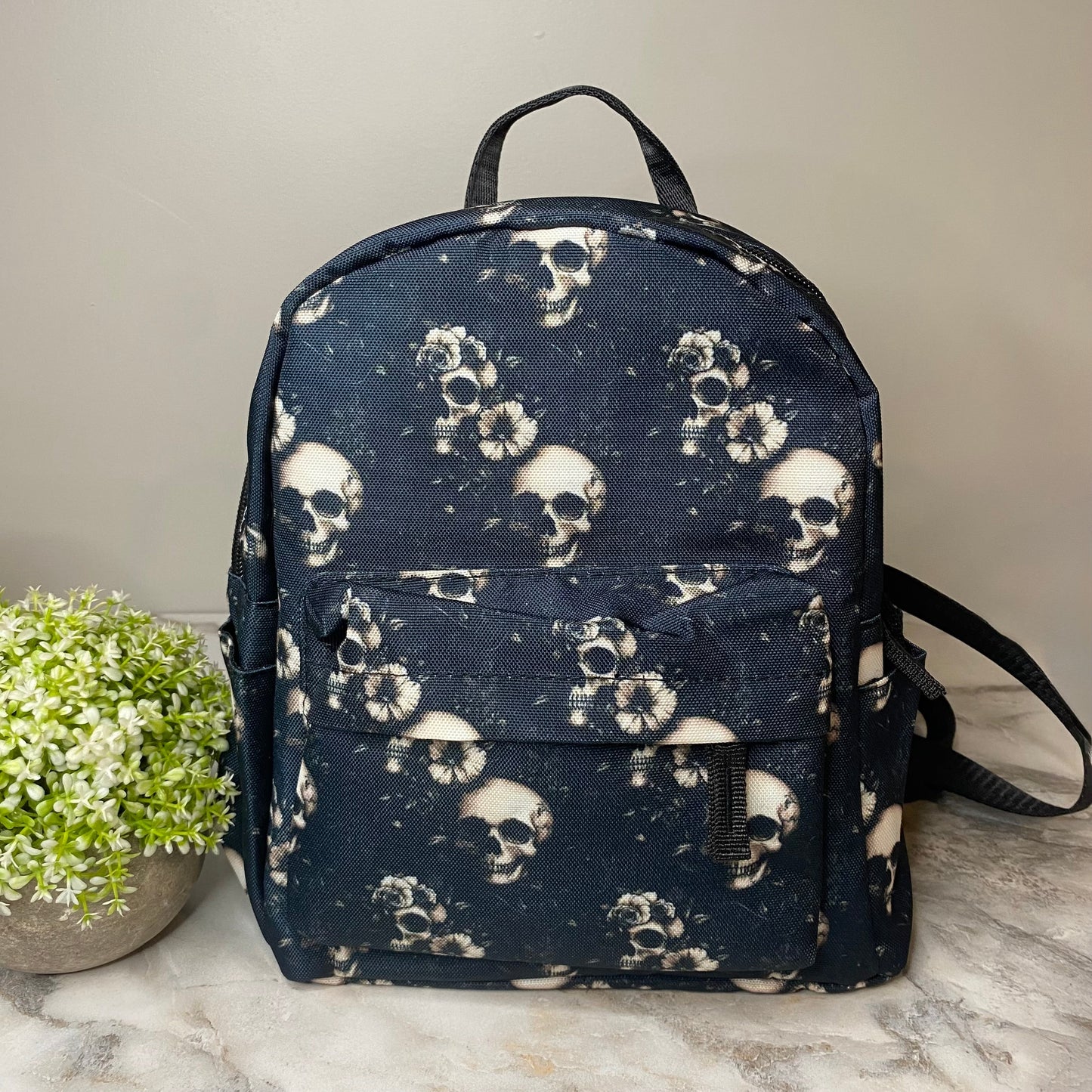 Mini Backpack - Black Floral Skull