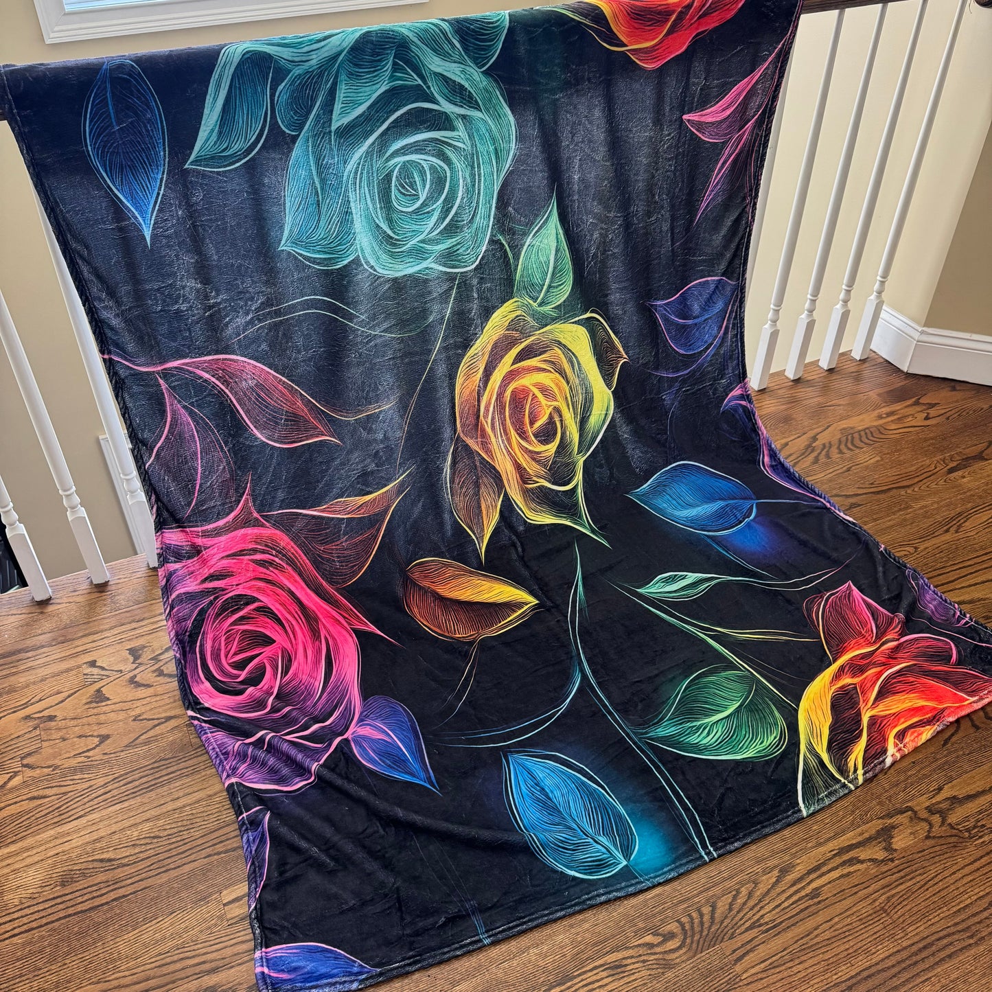 Blanket - Floral Colorful Roses on Black