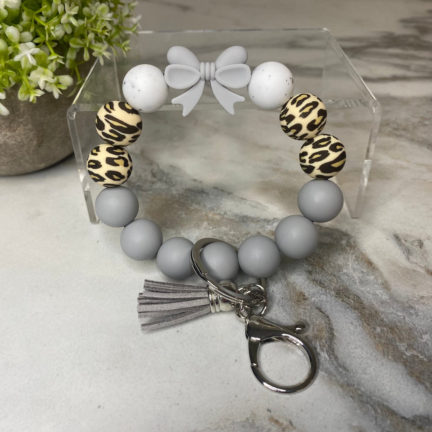 Silicone Bracelet Keychain - Grey Bow