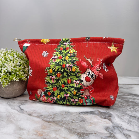 Corduroy Zip Pouch - Christmas Reindeer Red