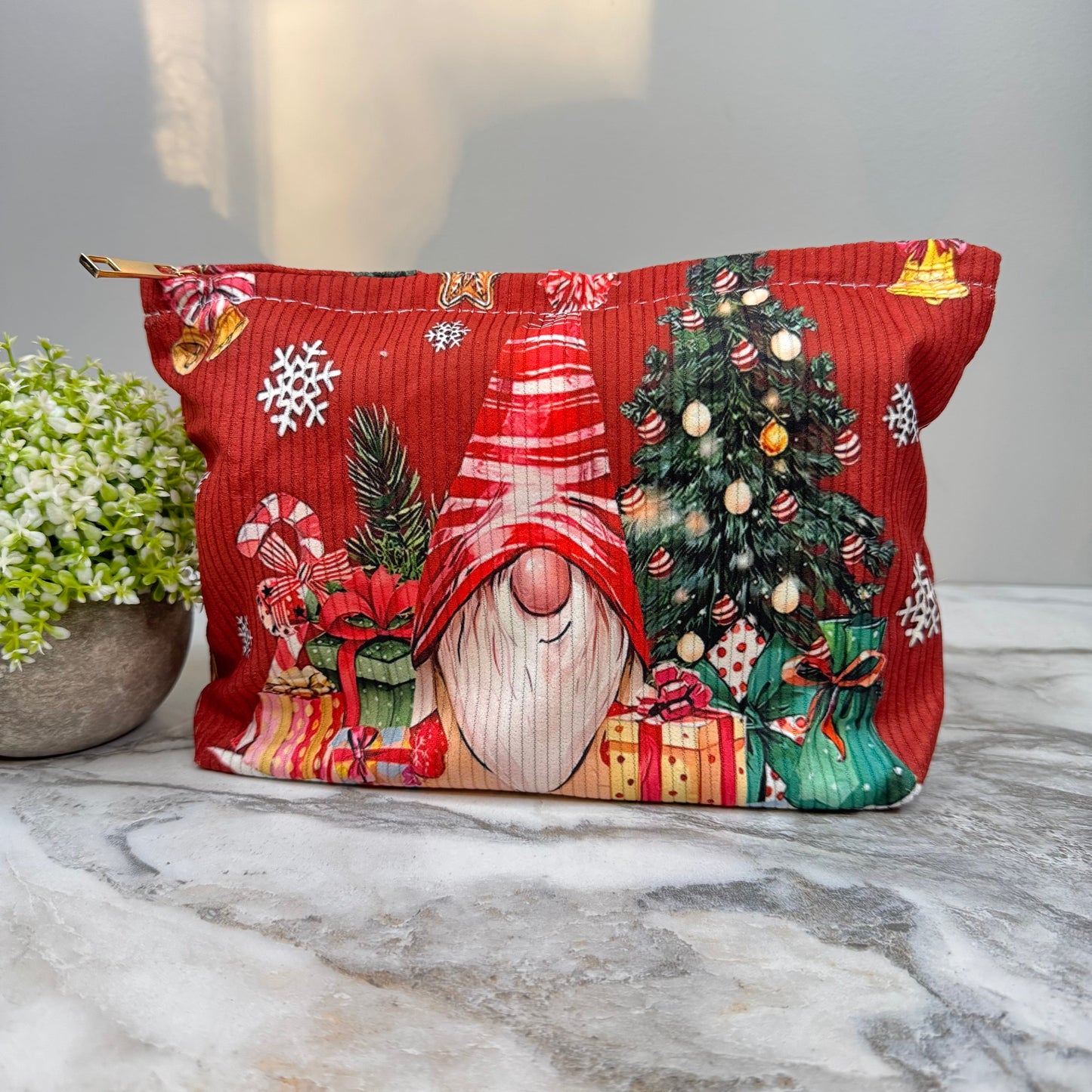 Corduroy Zip Pouch - Christmas Gnome Tree